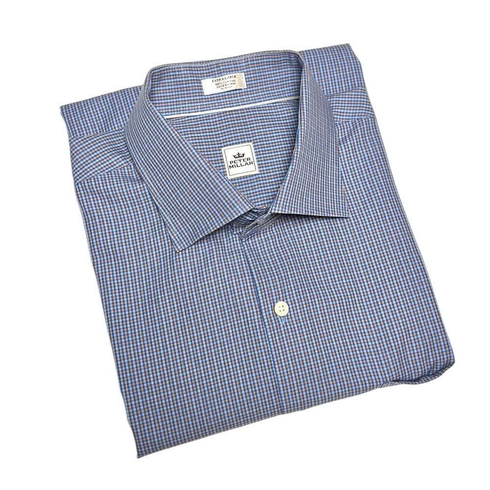 Peter Millar Button Up Shirt Cotton Blue Plaid Long Sleeve size XL